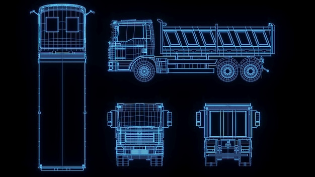 3D rendering illustratie Vrachtwagen blauwdruk gloeiende neon hologram futuristische show technologie beveiliging