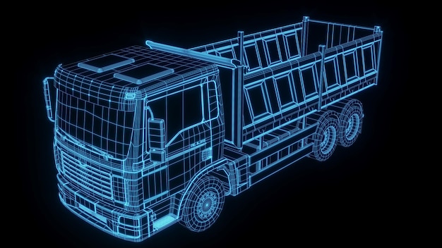 3D rendering illustratie Vrachtwagen blauwdruk gloeiende neon hologram futuristische show technologie beveiliging