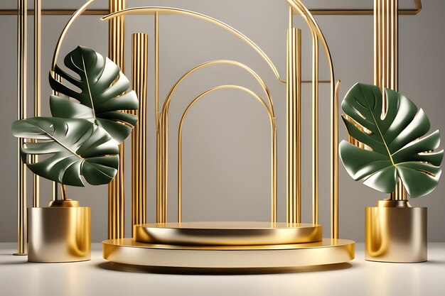 3D-rendering illustratie wit en goud voetstuk met gouden palmbladeren Lege ruimte AI gegenereerd