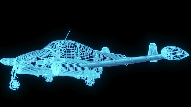 3D rendering illustration aeroplane blueprint glowing neon hologram futuristic show technology secur