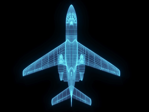 3D rendering illustration aeroplane blueprint glowing neon hologram futuristic show technology