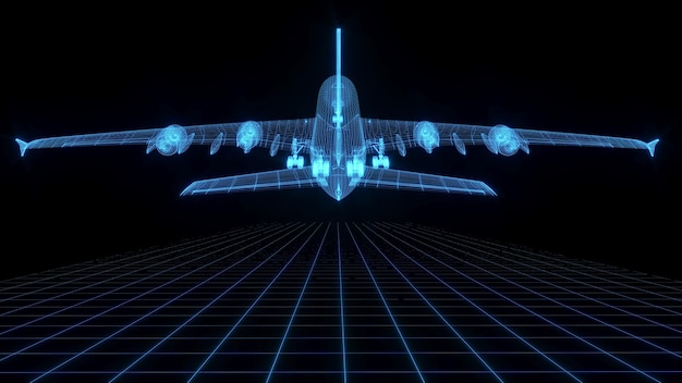 3D rendering illustration aeroplane blueprint glowing neon hologram futuristic show technology