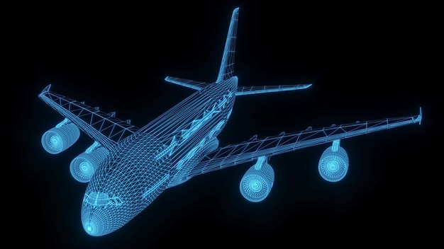 3D rendering illustration aeroplane blueprint glowing neon hologram futuristic show technology