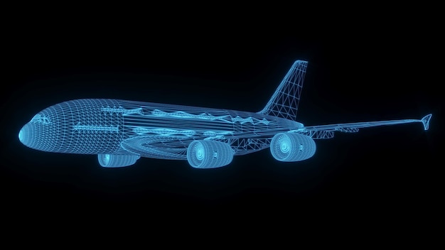 3D rendering illustration aeroplane blueprint glowing neon hologram futuristic show technology