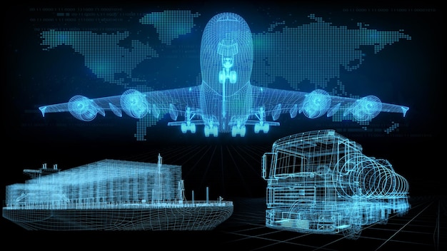 3 D レンダリング イラスト飛行機貨物船とトラック トラック世界地図の青写真