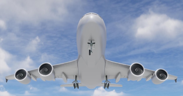 Illustrazione del rendering 3d aeroplano con la sicurezza della tecnologia dello spettacolo futuristico del cielo blu