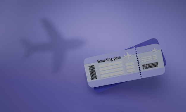 사진 3d 렌더링 그림입니다. 보라색 흐릿한 배경에 평면 스타일의 항공사 탑승권 티켓