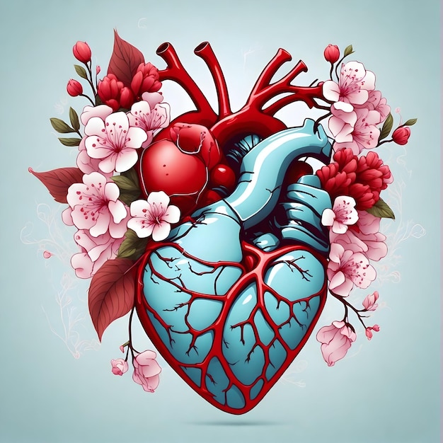 3D レンダリング アナトミックな人間の心臓と花のイラスト