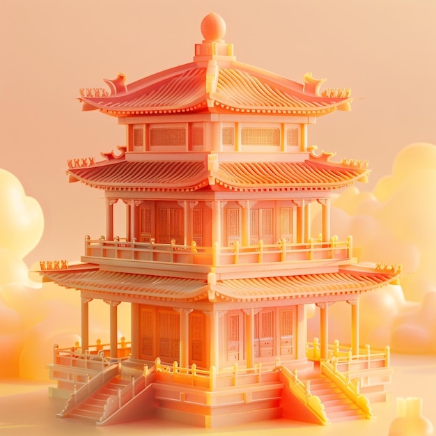 3D rendering illustration of ancient Chinese architecture Chinese style loft elements made of glass