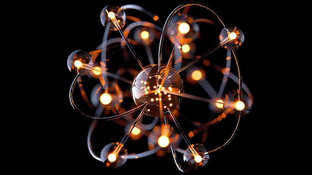 Photo 3d rendering illustration of an atom with a glowing nucleus and electrons orbiting around it