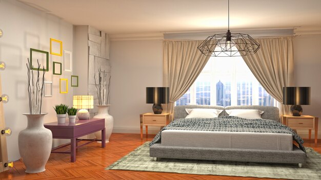 3D rendering illustration of a bedroom interior