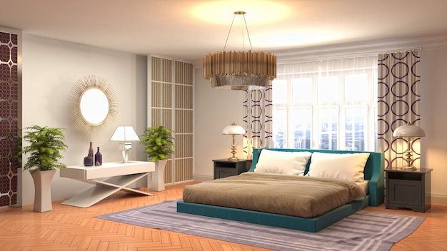 Illustrazione rendering 3d di un interno camera da letto