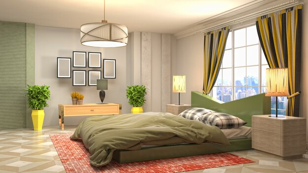 3D rendering illustration of a bedroom interior