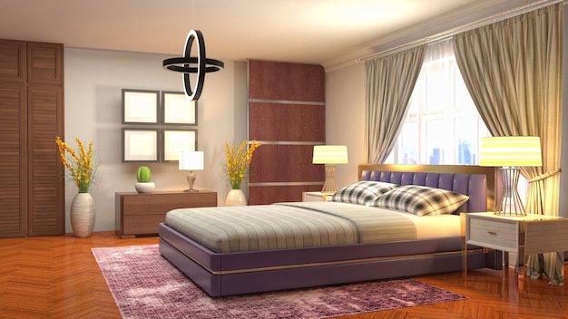 3D rendering illustration of a bedroom interior