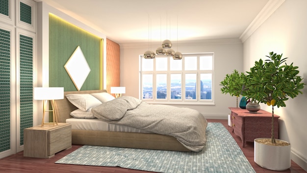 3D rendering illustration of a bedroom interior