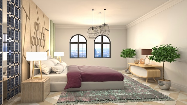 3D rendering illustration of a bedroom interior
