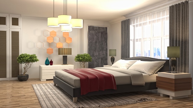 3D rendering illustration of a bedroom interior