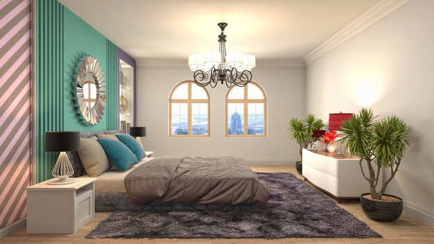 3D rendering illustration of a bedroom interior