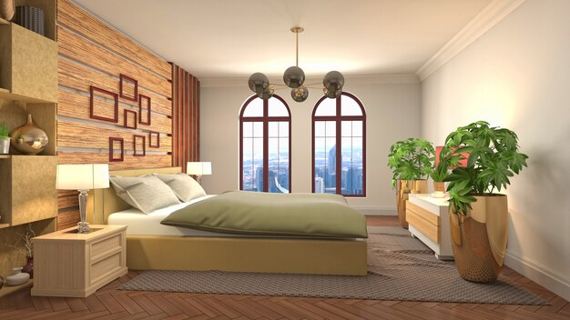 3D rendering illustration of a bedroom interior