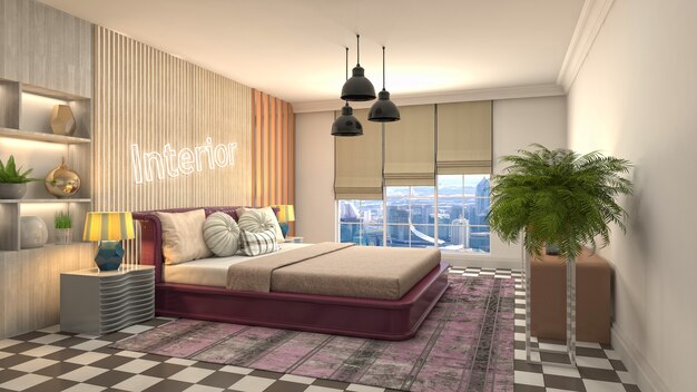 3D rendering illustration of a bedroom interior