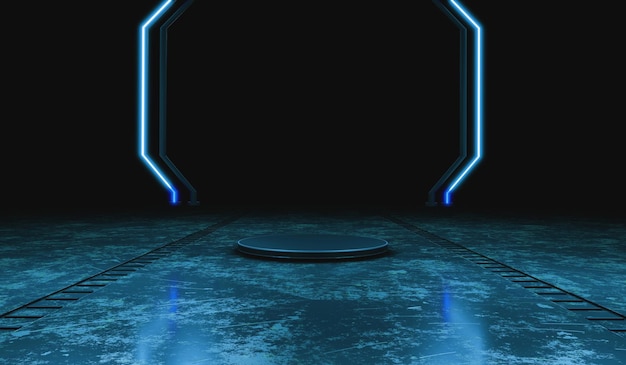 3D Rendering Illustration of black metal podium or pedestal display on black and dark Blank product shelf standing glow neon light Blue neon circle frame portal virtual reality scifi concept