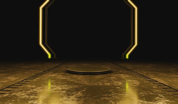 3d rendering illustration of black metal podium or pedestal\
display on black and dark blank product shelf standing glow neon\
light gold neon circle frame portal virtual reality scifi\
concept