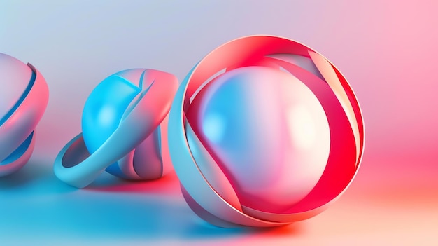 파란색과 분홍색 반이는 구의 3D 렌더링 일러스트레이션으로 분홍색 리본이 둘러싸여 있습니다.