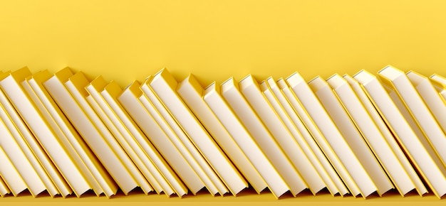 3D rendering illustration of books tilted on a yellow shelf