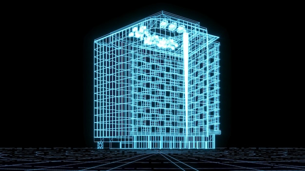 3d rendering illustration building blueprint glowing neon hologram futuristic show technology