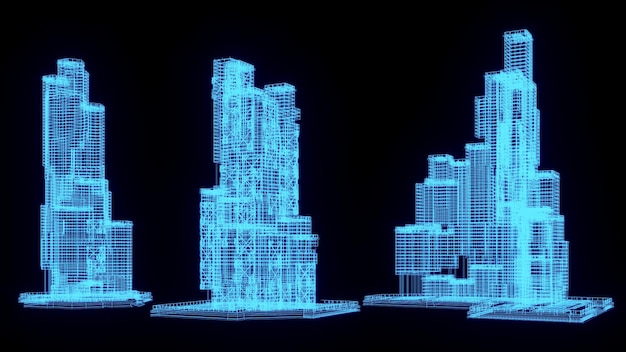 3D 렌더링 그림 건물 청사진 빛나는 네온 홀로그램 미래의 쇼 기술