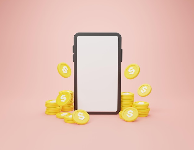 Photo 3d rendering illustration cartoon minimal coin stacking modern smartphone on pink background.