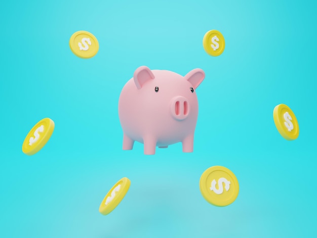 3d rendering illustration Cartoon minimal piggy bank with coin stacking money savings concept