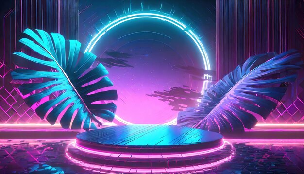 3d rendering illustration circle podium with neon light and green monstera ai generated