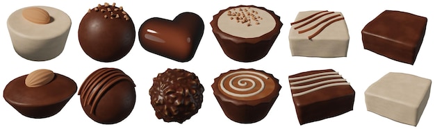 Photo 3d rendering illustration collection of different flavors of chocolate on white background