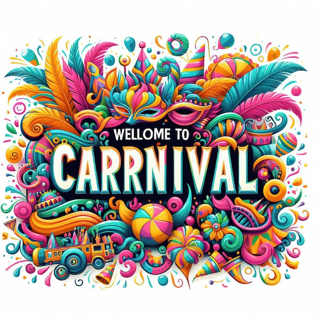 Photo 3d rendering illustration colorful lettering for carnival with party elements decorated on white bac