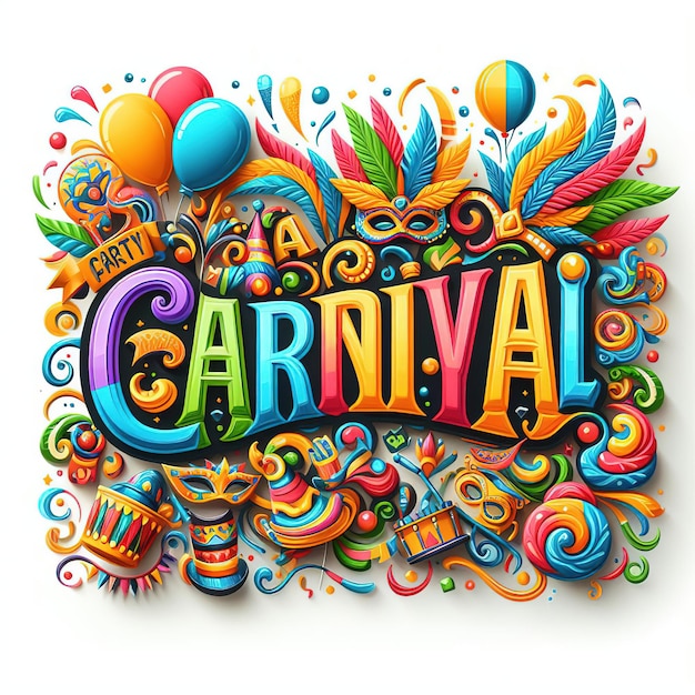 Photo 3d rendering illustration colorful lettering for carnival with party elements decorated on white background header or banner design space for text or messageai generated