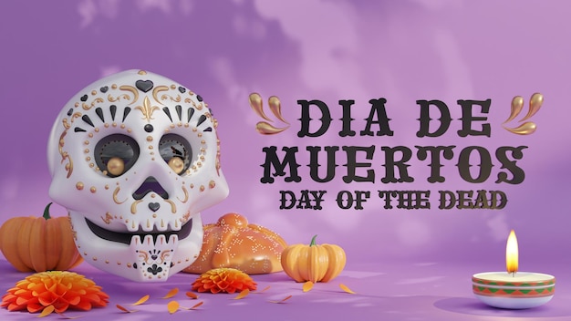 3D-рендеринг иллюстрации ко Дню мертвых Концепция алтаря Dia de muertos Композиция из милых сахарных черепов, белых свечей, цветов календулы мертвых, 3d иллюстрация