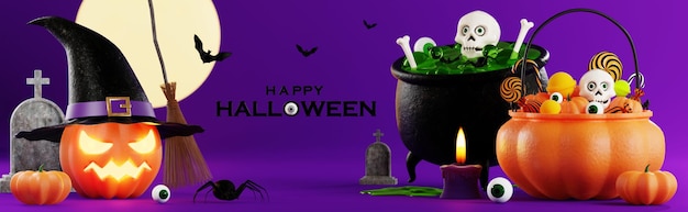 3d rendering illustration design for halloween banner with pumpkincrucifix skull candle candy givebox grave on background