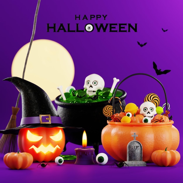 3d rendering illustration design for halloween banner with pumpkincrucifix skull candle candy givebox grave on background