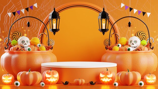 3d rendering illustration design podium for halloween banner with pumpkincrucifix skull candle candy givebox grave on background