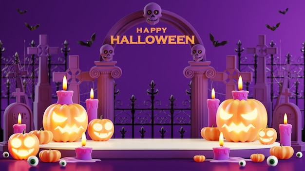 3d rendering illustration design podium for halloween banner with pumpkincrucifix skull candle candy givebox grave on background