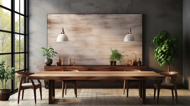 3d Rendering Illustration Of Frame Hanging At Concrete Cement Loft Wall Over Dining Table