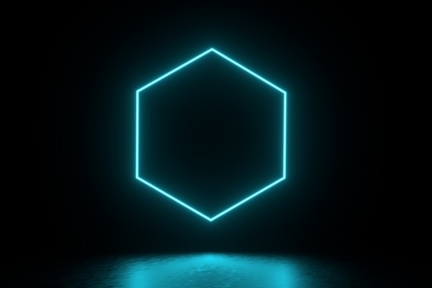 3Dレンダリングの図。ネオン輝く未来的なSci Fi暗い空の部屋。