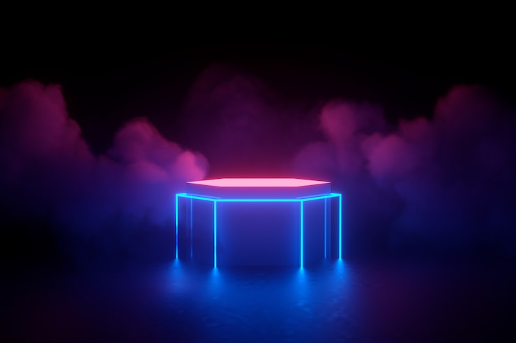 Photo 3d rendering illustration. futuristic sci fi dark empty room with neon glowing. 