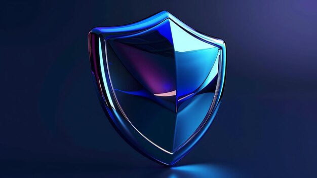 Photo 3d rendering illustration of a glossy blue and purple shield icon on a dark blue background