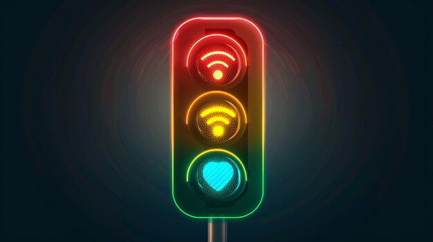 3D rendering illustration of a glowing traffic light with a heart wifi and a location symbol on a dark background