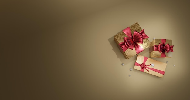3D рендеринг иллюстрации, золотая подарочная коробка, перевязанная красной лентой