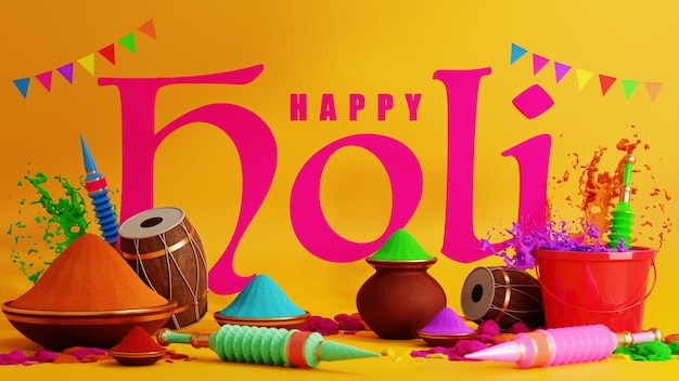 3d rendering illustration for holi festival of colors colorful gulaal powder color gulal shooter gun indian festival for happy holi background