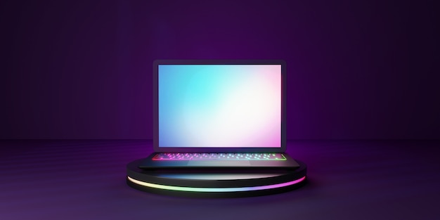 Photo 3d rendering illustration. laptop computer with blank screen and colorful keyboard place on the black cylinder in the darkroom and purple lighting. image for presentation.