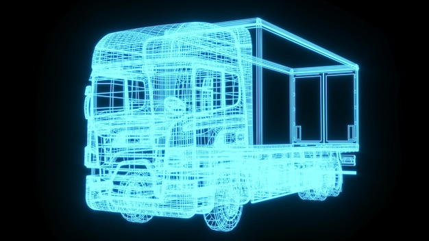 3D rendering illustration Lorry blueprint glowing neon hologram futuristic show technology